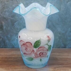 Fenton Floral White and Pink Ruffled Glass Vase 6”